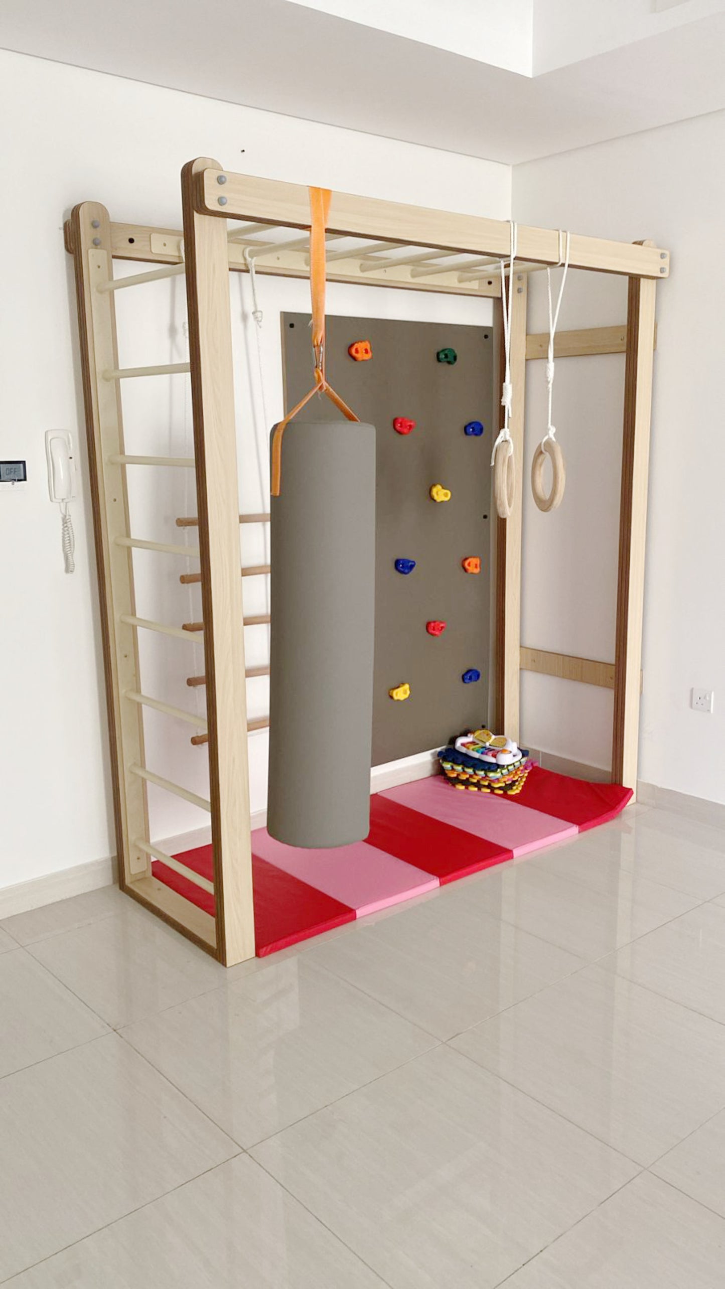 Ultimate Indoor Adventure: Monkey Bars, Climbing Wall, Punching Bag, Rope Ladder, and Safety Mats Set