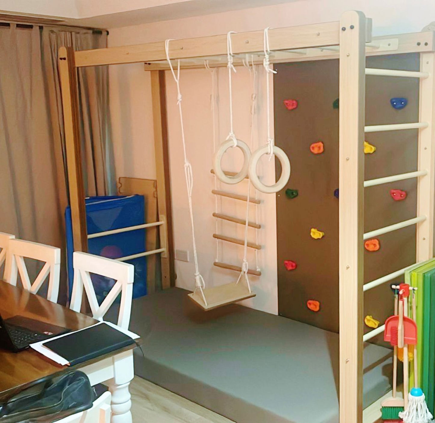 Ultimate Indoor Adventure: Monkey Bars, Climbing Wall, Punching Bag, Rope Ladder, and Safety Mats Set