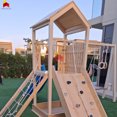 Outdoor Play Structure Pirate Themed With Double Swing, Double Climbing Panels, Sandpit, Gymnastic Rings And Slide