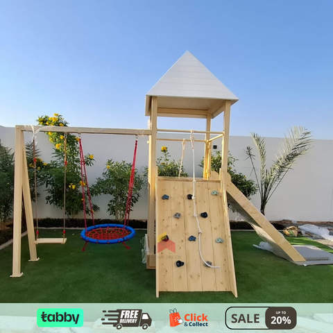 Outdoor Play Structure With Double Swing, Double Climbing Panels, Sandpit And Slide