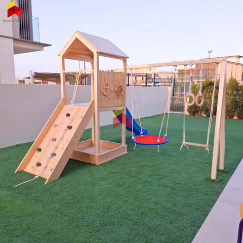 Outdoor Play Structure Pirate Themed With Double Swing, Double Climbing Panels, Sandpit, Gymnastic Rings And Slide