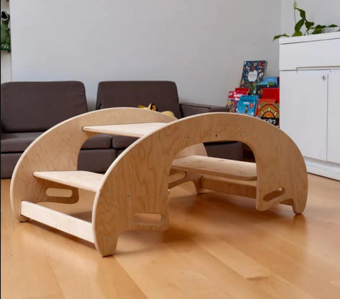 2In1MontessoriWoodenSeesawandTableChairSetMotherAndChildEnjoyingPlayingOnTheSeesaw