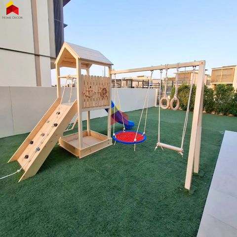 Outdoor Play Structure Pirate Themed With Double Swing, Double Climbing Panels, Sandpit, Gymnastic Rings And Slide