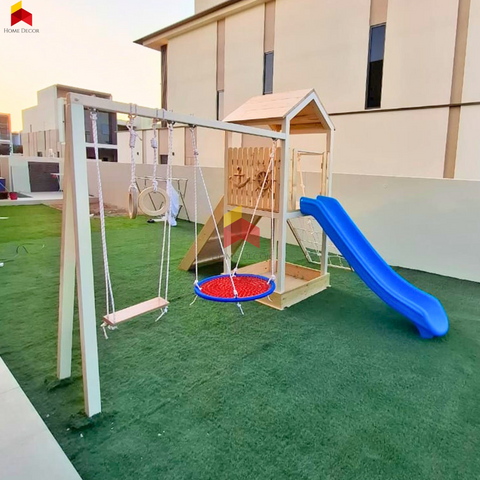 Outdoor Play Structure Pirate Themed With Double Swing, Double Climbing Panels, Sandpit, Gymnastic Rings And Slide