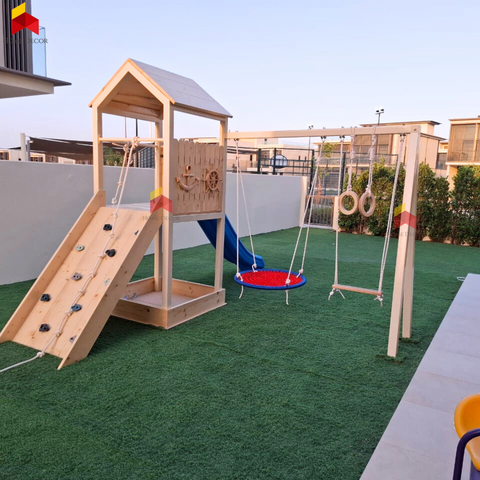 Outdoor Play Structure Pirate Themed With Double Swing, Double Climbing Panels, Sandpit, Gymnastic Rings And Slide