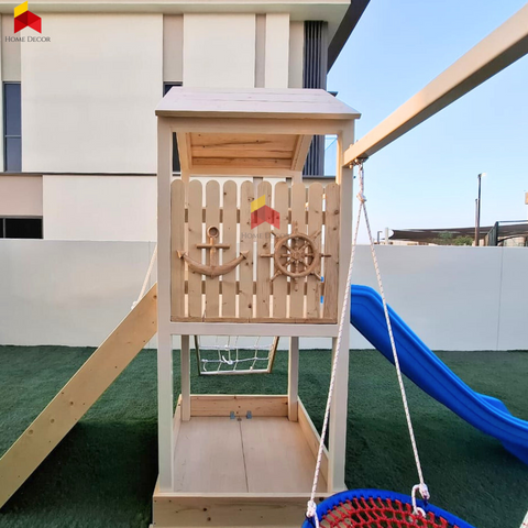 Outdoor Play Structure Pirate Themed With Double Swing, Double Climbing Panels, Sandpit, Gymnastic Rings And Slide