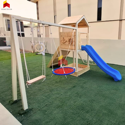 Outdoor Play Structure Pirate Themed With Double Swing, Double Climbing Panels, Sandpit, Gymnastic Rings And Slide