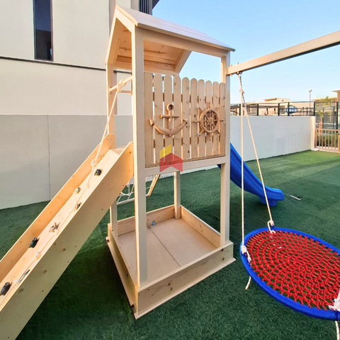 Outdoor Play Structure Pirate Themed With Double Swing, Double Climbing Panels, Sandpit, Gymnastic Rings And Slide