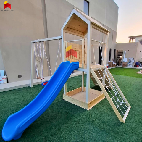 Outdoor Play Structure Pirate Themed With Double Swing, Double Climbing Panels, Sandpit, Gymnastic Rings And Slide