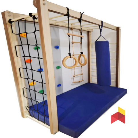 Kids climbing wall with Swedish ladder and gym rings in Dubai
