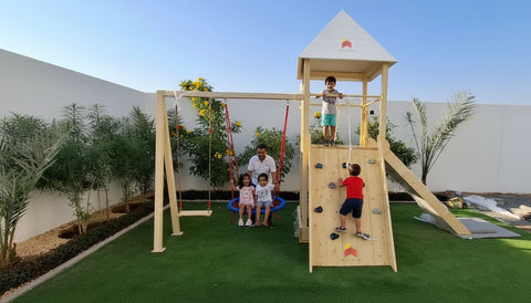 Outdoor Play Structure With Double Swing, Double Climbing Panels, Sandpit And Slide