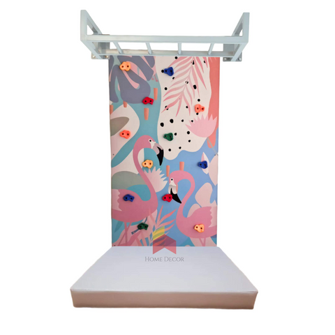 Flamingo Themed Climbing Wall With Monkey Bar Frame And Safety Mattress