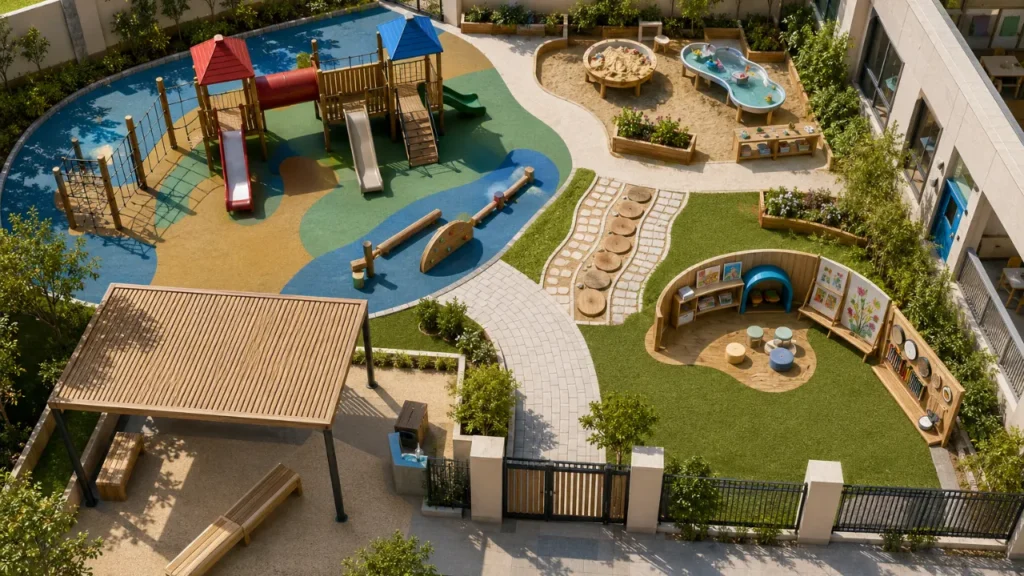 Outdoor Play Area and Equipment Ideas for Nursery and Preschool Kids 2 outdoor play area layout