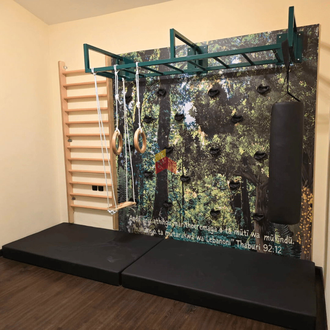 Modular Climbing Wall With Monkey Bar And Swedish Ladder 2 2 Climbing wall panel with hand grips.
Long monkey bar frame
Wooden Swedish ladder
Swing
Gymnastic rings
Punching Bag
Safety mattress