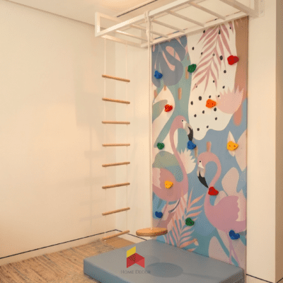 Flamingo Themed Climbing Wall With Monkey Bar Frame And Safety Mattress
