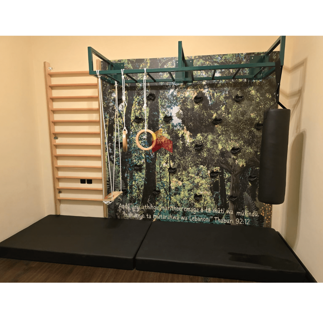 Modular Climbing Wall With Monkey Bar And Swedish Ladder 3 2 Climbing wall panel with hand grips.
Long monkey bar frame
Wooden Swedish ladder
Swing
Gymnastic rings
Punching Bag
Safety mattress