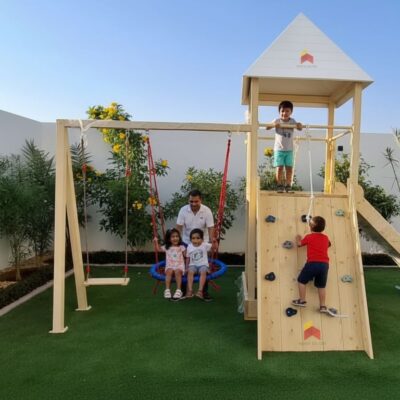 Outdoor Play Structure With Double Swing, Double Climbing Panels, Sandpit And Slide