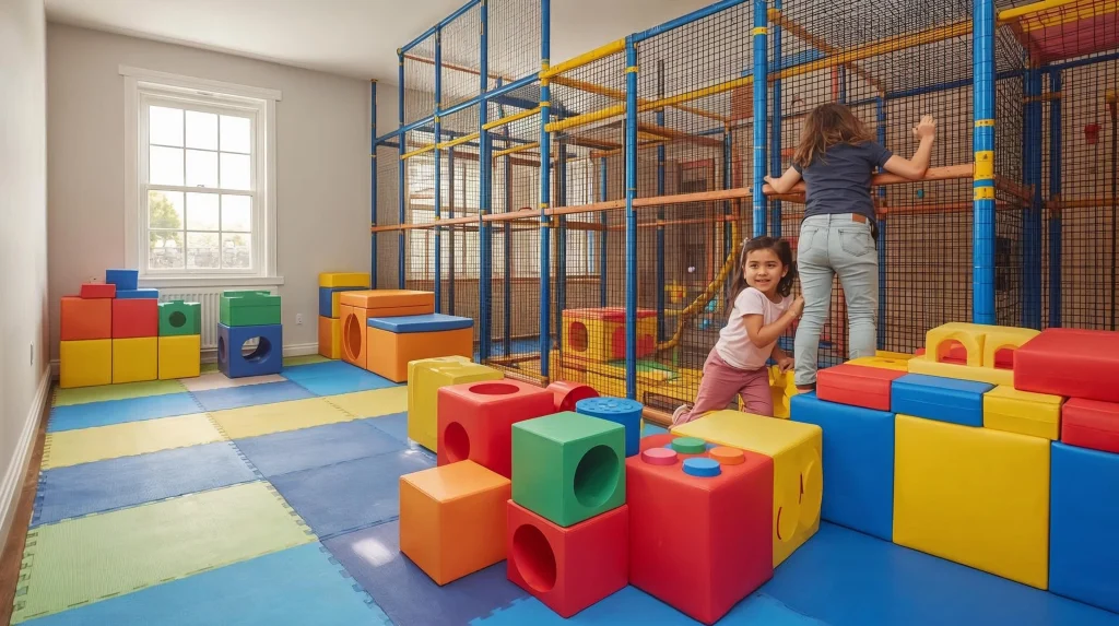 Step-by-Step Guide to Creating an Indoor Play Gym for Kids at Home 4 Safe play area with foam mats and padded walls. 1