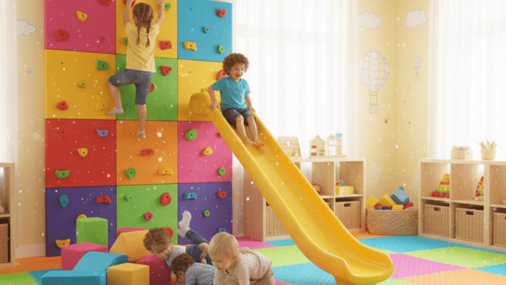 Children playing in a bright indoor playroom with a colorful climbing wall, yellow slide, soft foam blocks, and organized storage shelves.