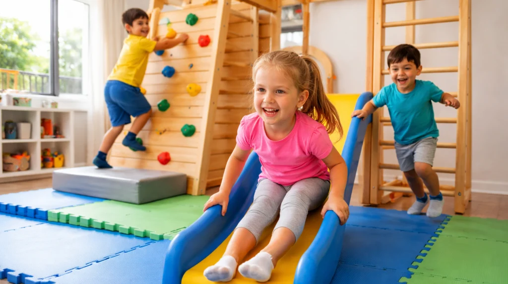 Step-by-Step Guide to Creating an Indoor Play Gym for Kids at Home 6 children playing happily in indoor play gym at home