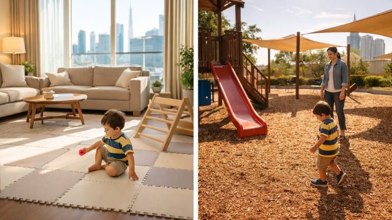 Indoor Play vs Outdoor Play in UAE Homes 4 Comparison of indoor play in a UAE apartment and outdoor play in a residential community