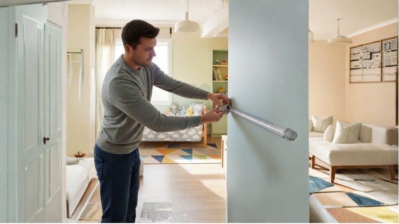 Step-by-Step Kids Room Makeover Checklist for UAE Homes (2026) 2 Parent measuring wall space in a kids bedroom for room planning