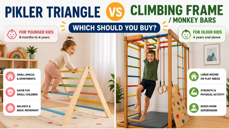 Pikler Triangle UAE: Complete Guide for Parents (Age, Safety & Setup) 7 Pikler triangle UAE vs climbing frame comparison for kids indoor play equipment