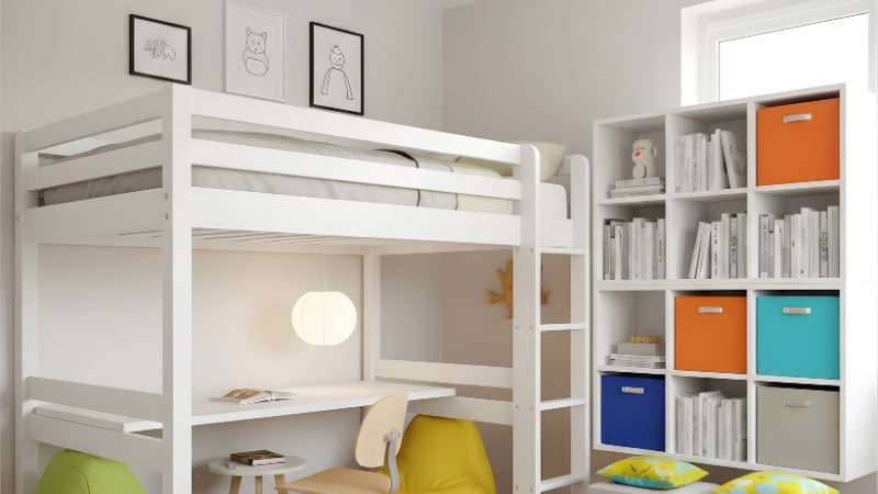 Kids room with loft bed, study desk, modular shelves, and smart storage furniture