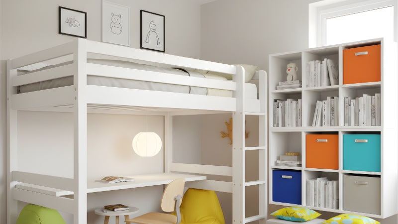 50+ Kids Room Decor Ideas That Grow With Your Child 3 Kids room with loft bed, study desk, modular shelves, and smart storage furniture
