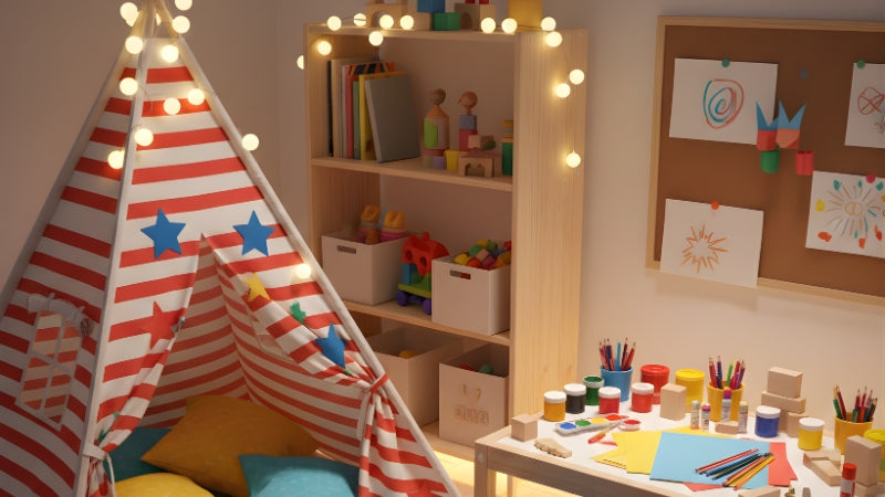 50+ Kids Room Decor Ideas That Grow With Your Child 4 Kids play and study corner with reading nook, play tent, art table, and soft floor rugs