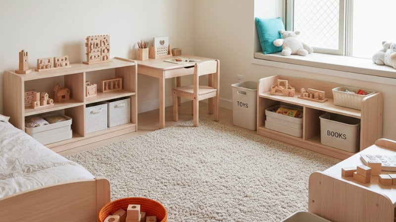 50+ Kids Room Decor Ideas That Grow With Your Child 5 Child safe bedroom with rounded furniture edges, soft rugs, washable fabrics, and natural lighting