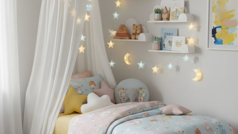 50+ Kids Room Decor Ideas That Grow With Your Child 6 Stylish kids bedroom with canopy bed, themed bedding, decorative pillows, and wall shelves