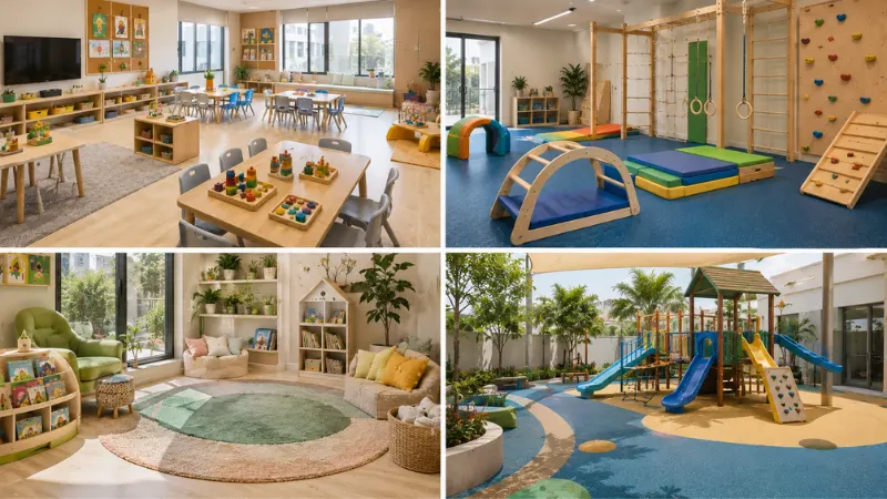 Nursery Flooring UAE: The Complete Rubber Flooring Guide (2026) 4 Nursery classroom, play area, reading corner, and outdoor playground showing different flooring applications