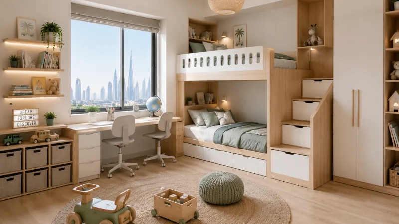 Kids Beds UAE 2026: Bunk, Storage & Single Beds Compared 5 Space-saving kids bedroom with bunk bed, study desk, and storage furniture in UAE apartment