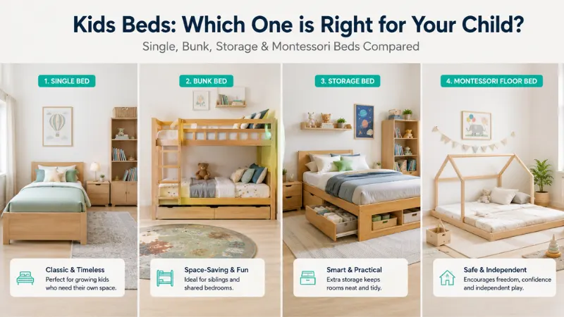 Kids Beds UAE 2026: Bunk, Storage & Single Beds Compared 2 Comparison of single kids beds, bunk bed, storage bed, and toddler floor bed for UAE homes