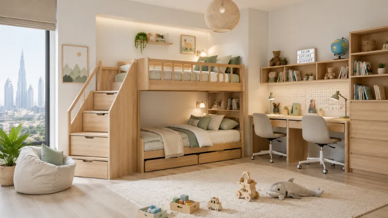 Kids Beds UAE 2026: Bunk, Storage & Single Beds Compared 3 Wooden kids bunk bed with storage stairs in a shared children's bedroom