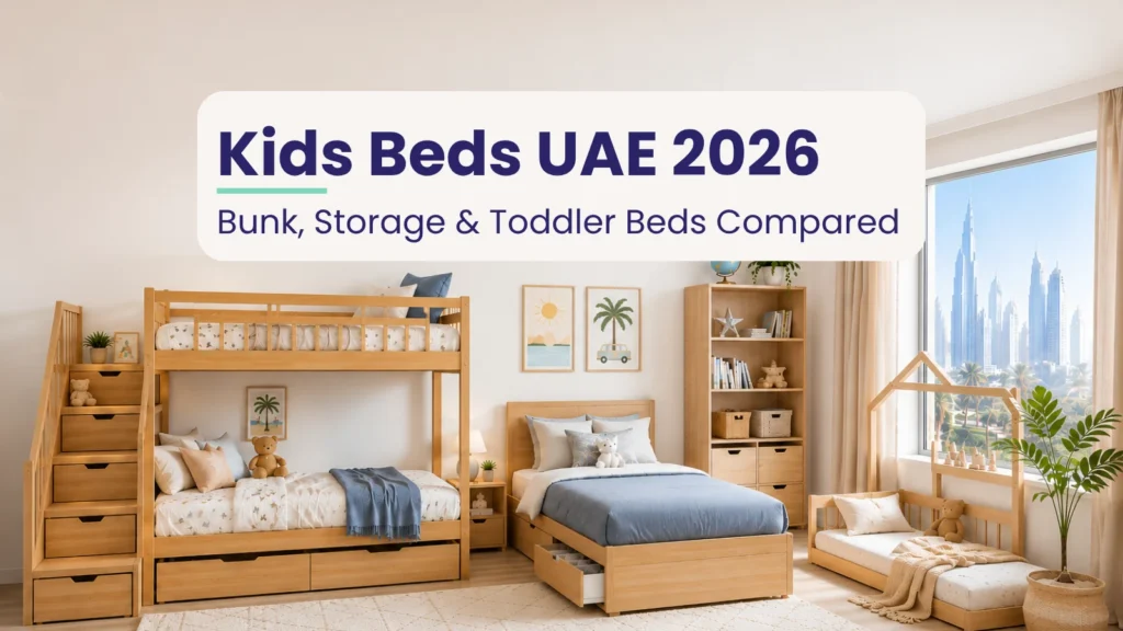 Kids beds UAE comparison showing bunk bed, storage bed, and Montessori toddler bed in a modern children's bedroom