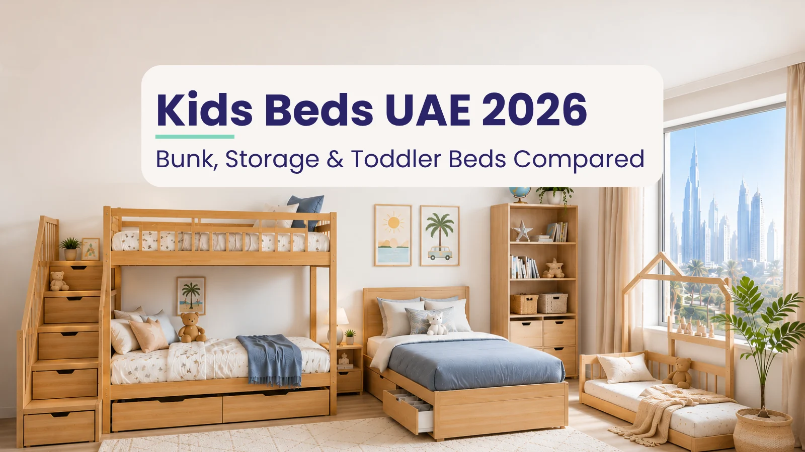Kids Beds UAE 2026: Bunk, Storage & Single Beds Compared 1 Kids beds UAE comparison showing bunk bed, storage bed, and Montessori toddler bed in a modern children's bedroom