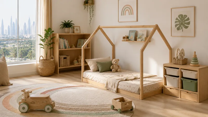 Kids Beds UAE 2026: Bunk, Storage & Single Beds Compared 4 Montessori toddler floor bed in a modern child's bedroom with wooden furniture