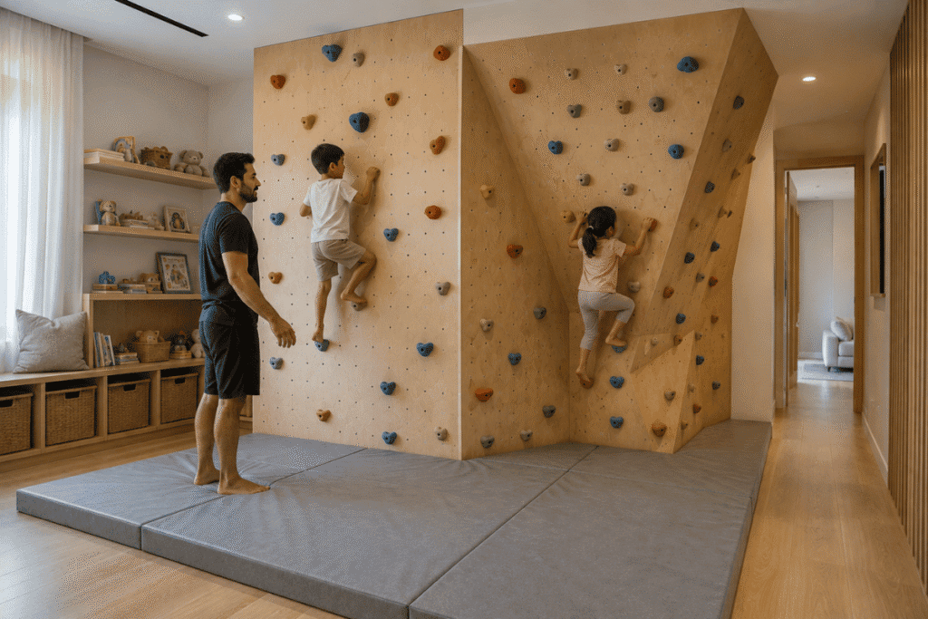 How Much Space Do You Need for a Climbing Wall? 3 indoor-kids-climbing-wall-vertical-angled-section