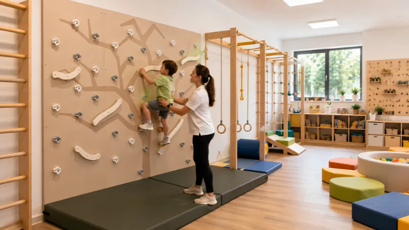 Why Every School and Nursery Should Have Climbing Walls for Kids 5 Teacher supervising children on climbing walls for kids