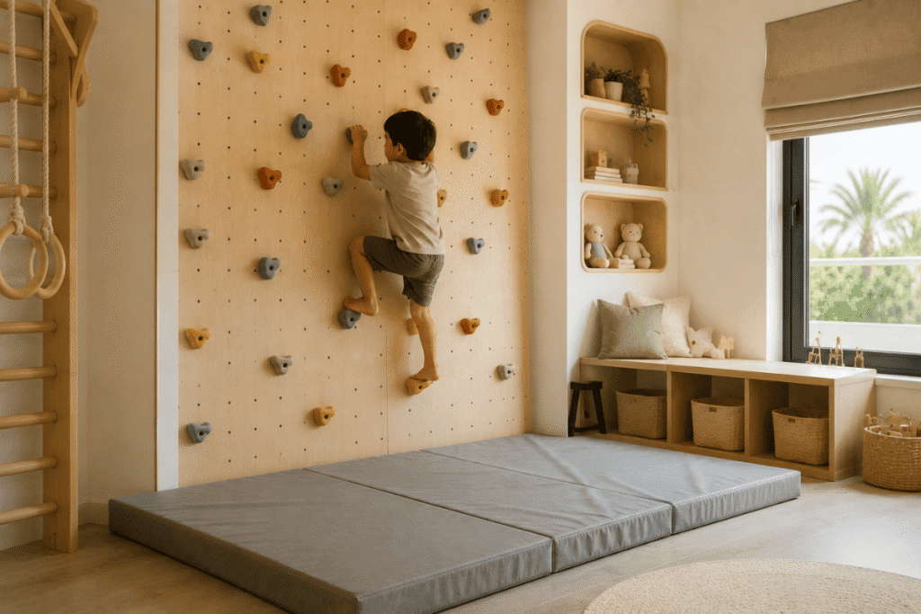 How Much Space Do You Need for a Climbing Wall? 2 modern-indoor-kids-climbing-room-uae