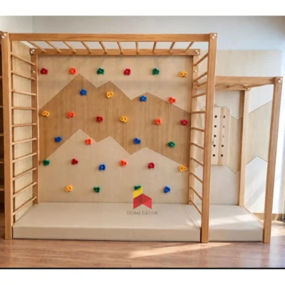 Wooden Monkey Bar Climbing Wall Set for Kids – Indoor Play Gym