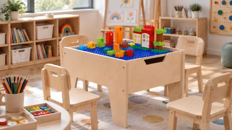 Wooden tables and chairs sized for kids fine motor activities