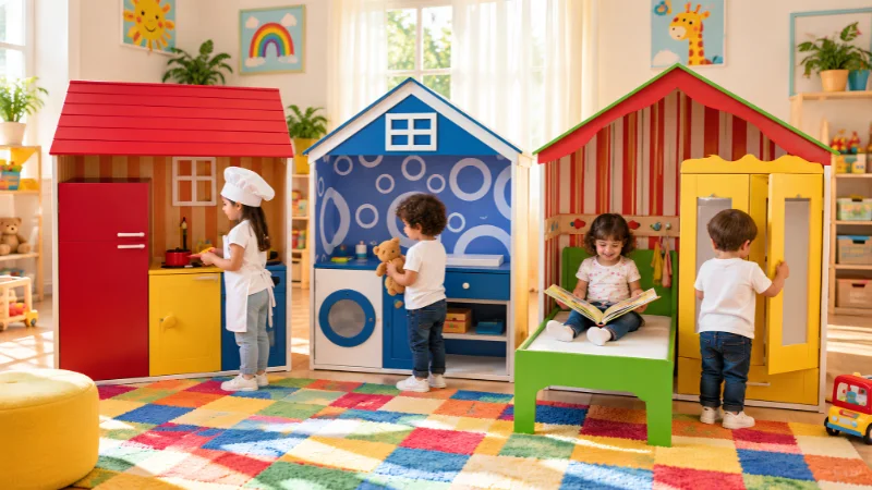 Kids cooking at a BBQ roleplay activity table next to a facade play kitchen