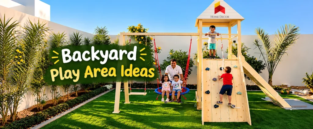 Backyard play area ideas for UAE villas with wooden swings and a climbing frame