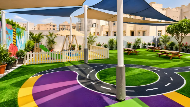 Artificial grass and rubber safety flooring for a children's outdoor play area