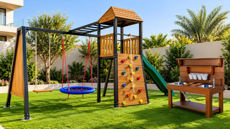 Outdoor monkey bars with a climbing wall, swings and slide for a backyard playground