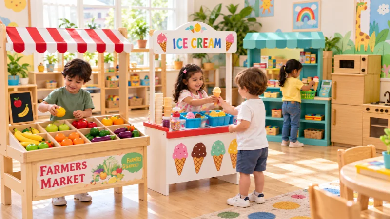 Nursery children using fruit stall, ice cream stand, and shop roleplay sets