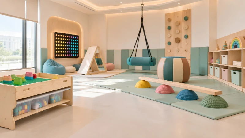 Organised sensory room with safe flooring, padded walls and accessible storage